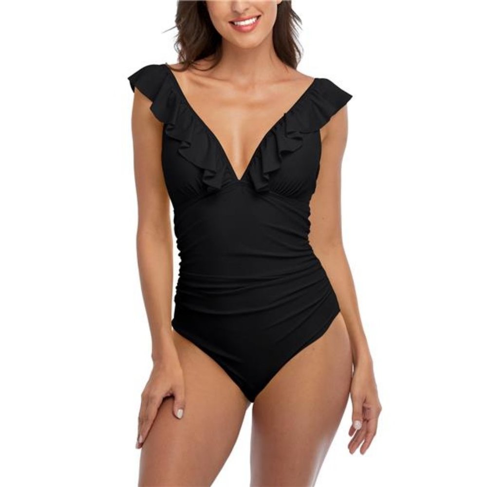 Women's Ruffle One Piece Swimsuit V Neck Bathing Suits Sexy Monokini Swimwear